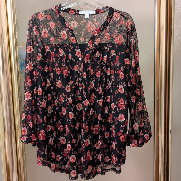 3/$15** Black and Red Floral Print Lined Mesh Blouse - Picture 1 of 10